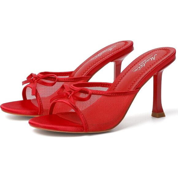 Women's Red Mesh Round Toe Heels With Bow Vintage Mules Sexy Slip on Stiletto - Picture 8 of 9